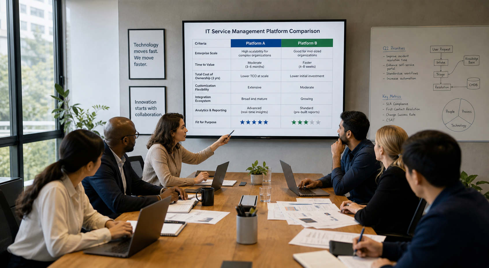 IT professionals reviewing a ServiceNow vs Ivanti Neurons style ITSM platform comparison to assess service management, automation, and enterprise workflow capabilities.