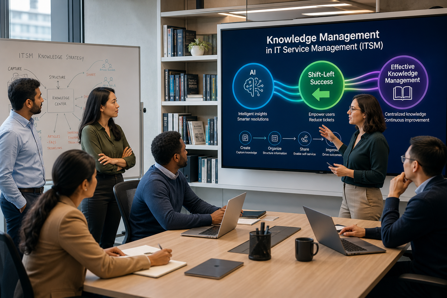 Team reviewing a presentation on a screen about Knowledge articles 